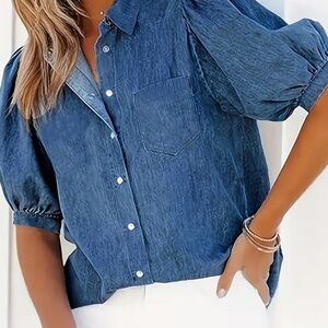 Chico's Dark Blue Textured Fabric Denim Top Sz 2 (L) Woman